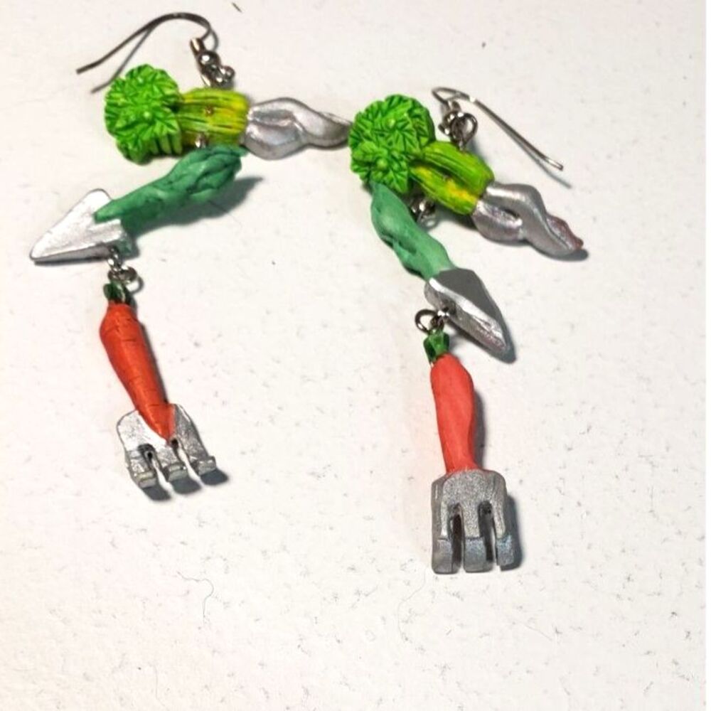 Whimsical Gardening Tool & Vegetable Dangle Earrings Vintage